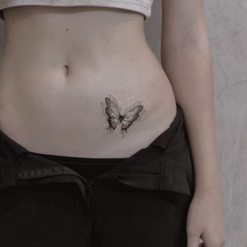 Butterfly Tattoo On Side Belly