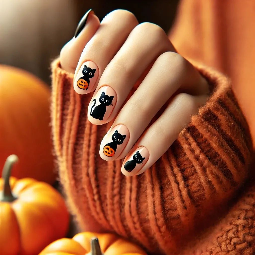 Black and Orange Cat Eye nails