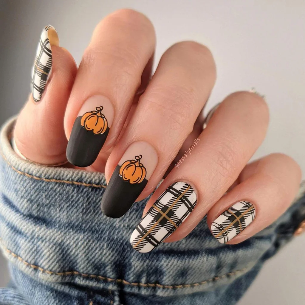 Pumpkin and plaid nails short