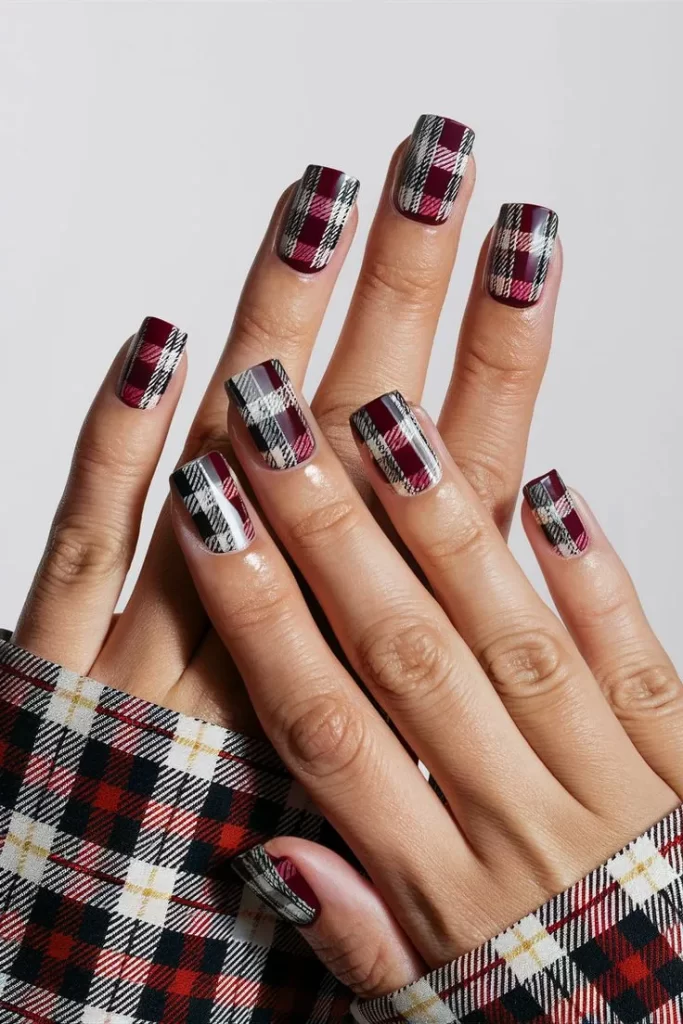 Gingham autumn nails short
