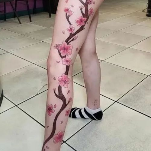 cherry blossom leg tattoo female