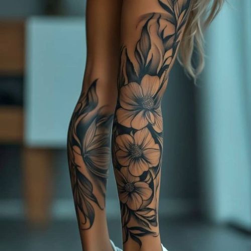 unique flower leg tattoos for females